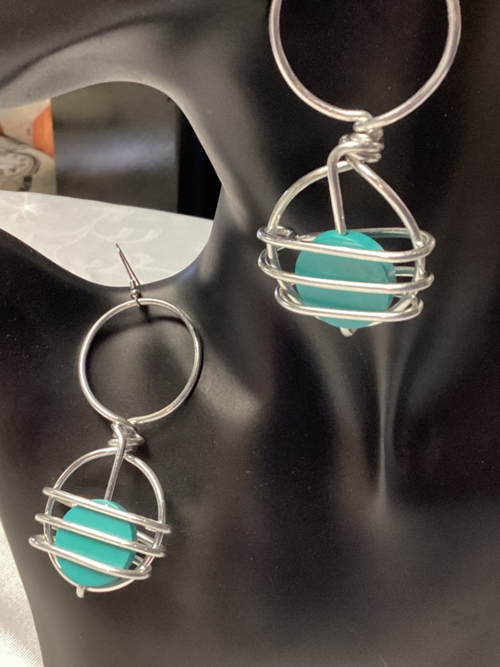 Mid-century modern drop angle earrings blue center